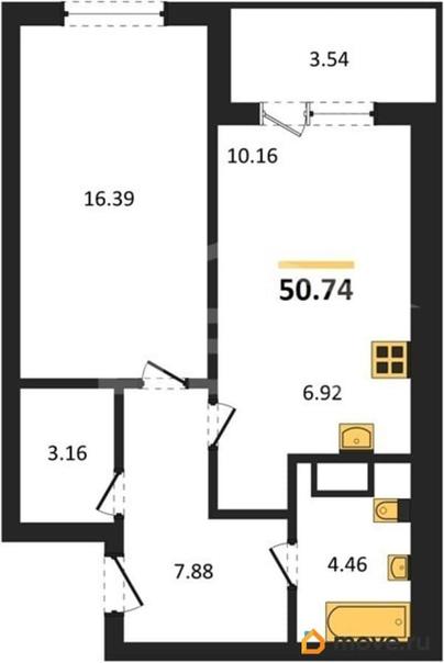 1-комн. квартира, 50.74 м&sup2;