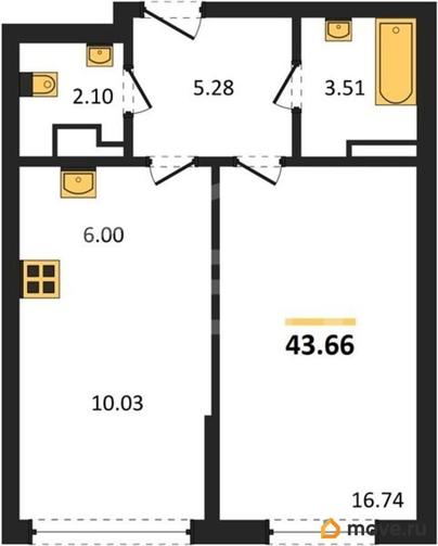 1-комн. квартира, 43.66 м&sup2;