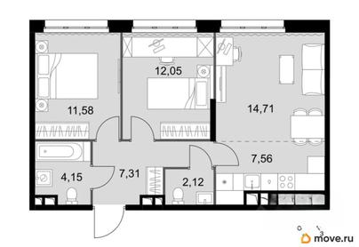 3-комн. апартаменты, 59.5 м&sup2;