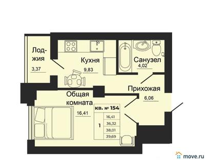 1-комн. квартира, 38.01 м&sup2;