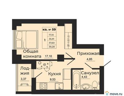 1-комн. квартира, 37.6 м&sup2;