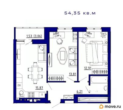 2-комн. квартира, 54.35 м&sup2;