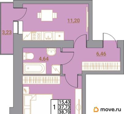 1-комн. квартира, 38.28 м&sup2;
