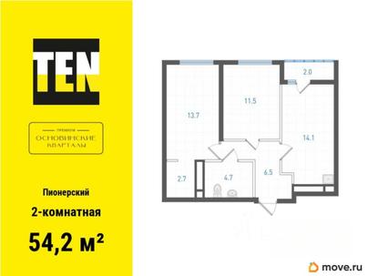 2-комн. квартира, 54.2 м&sup2;
