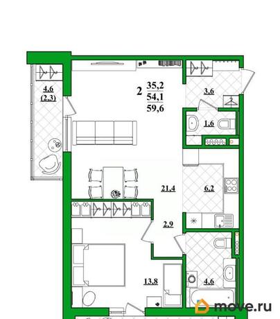 2-комн. квартира, 59.7 м&sup2;
