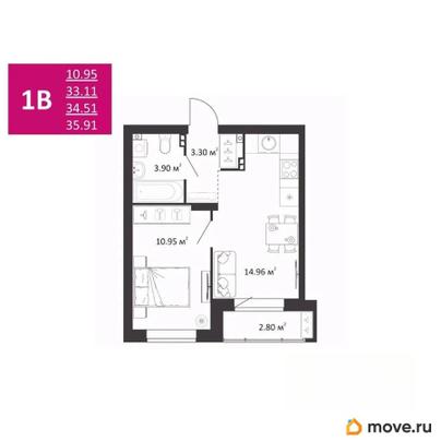 1-комн. квартира, 34.51 м&sup2;