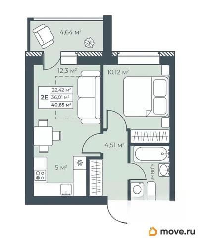 2-комн. квартира, 40.65 м&sup2;