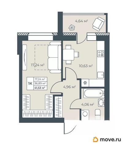 1-комн. квартира, 41.53 м&sup2;