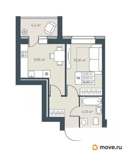 1-комн. квартира, 36.89 м&sup2;