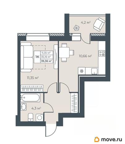 1-комн. квартира, 39.36 м&sup2;
