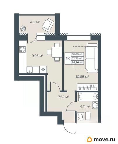 1-комн. квартира, 36.56 м&sup2;