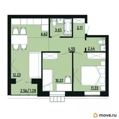 2-комн. квартира, 54.6 м&sup2;