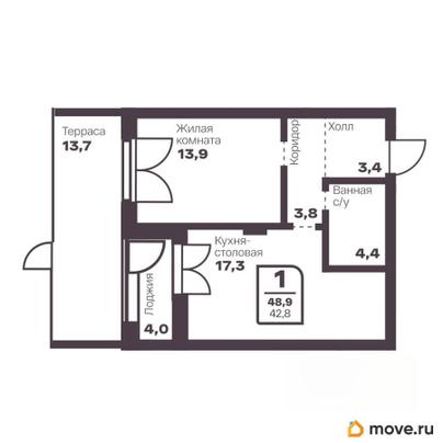 1-комн. квартира, 42.8 м&sup2;