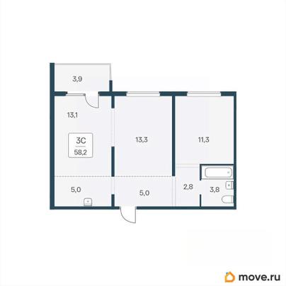 2-комн. квартира, 58.2 м&sup2;