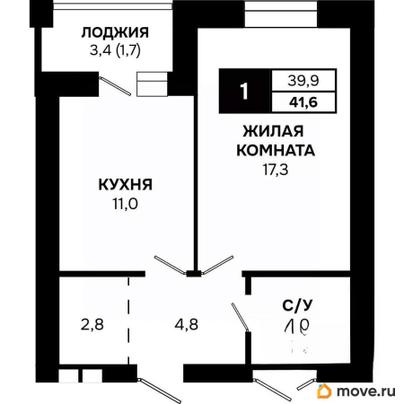 1-комн. квартира, 41.6 м&sup2;