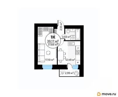 1-комн. квартира, 39.17 м&sup2;