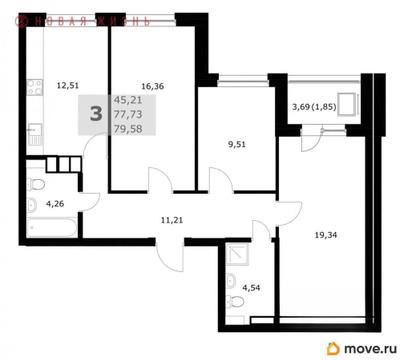 3-комн. квартира, 79.6 м&sup2;