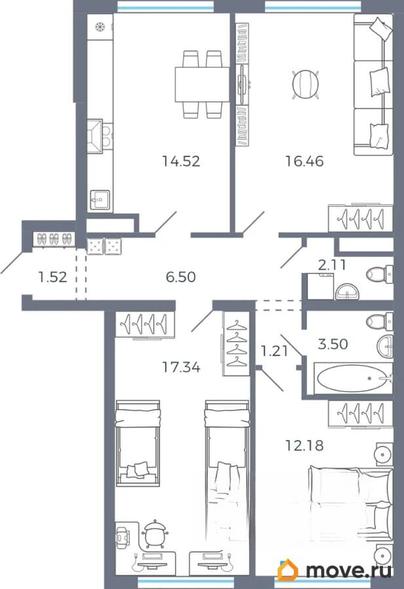 3-комн. квартира, 75.34 м&sup2;