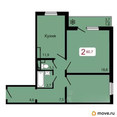 2-комн. квартира, 60.7 м&sup2;