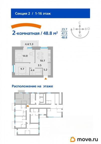 2-комн. квартира, 48.8 м&sup2;