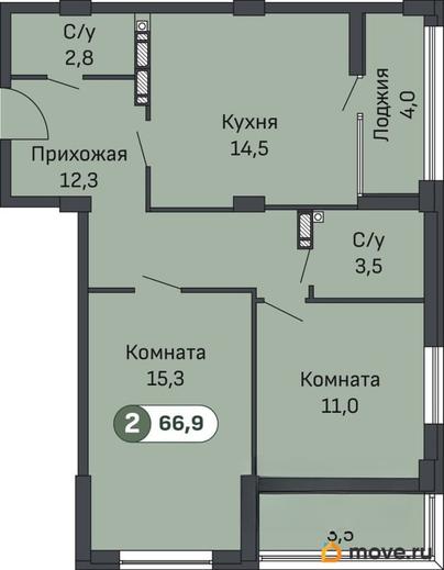 2-комн. квартира, 67.7 м&sup2;