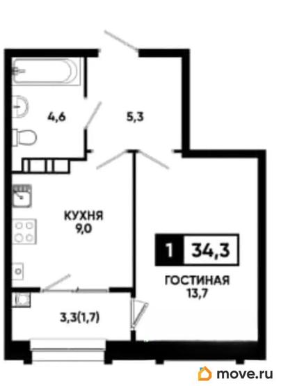 1-комн. квартира, 34 м&sup2;