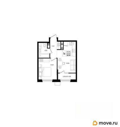 1-комн. квартира, 34.1 м&sup2;