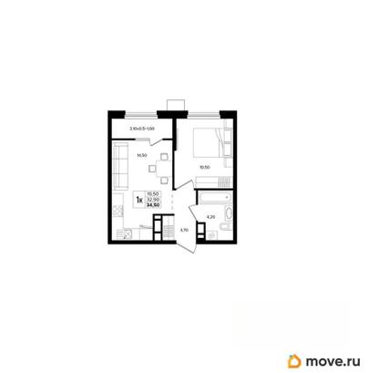 1-комн. квартира, 34.5 м&sup2;
