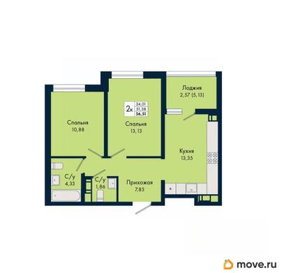 2-комн. квартира, 56.51 м&sup2;