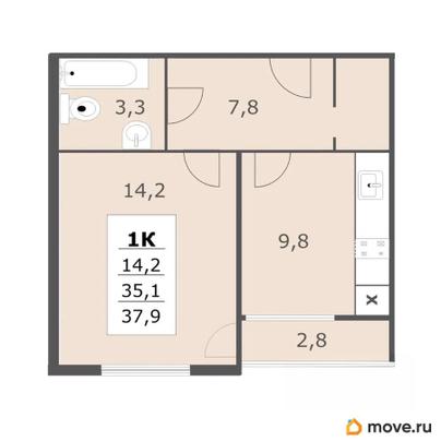 1-комн. квартира, 37.9 м&sup2;