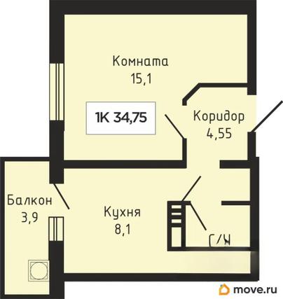 1-комн. квартира, 34.55 м&sup2;