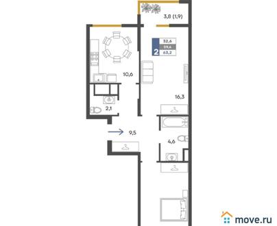 2-комн. квартира, 63.2 м&sup2;