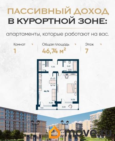 1-комн. апартаменты, 46.74 м&sup2;