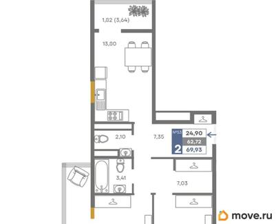 2-комн. квартира, 62.72 м&sup2;