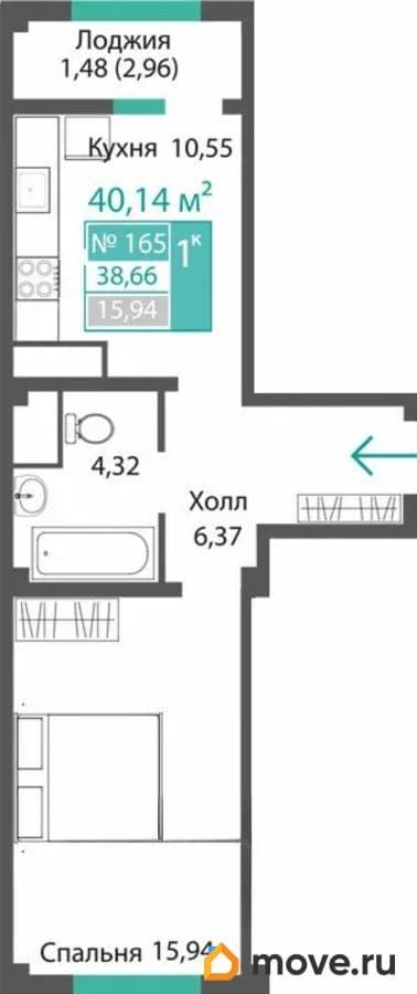 1-комн. квартира, 38.66 м&sup2;