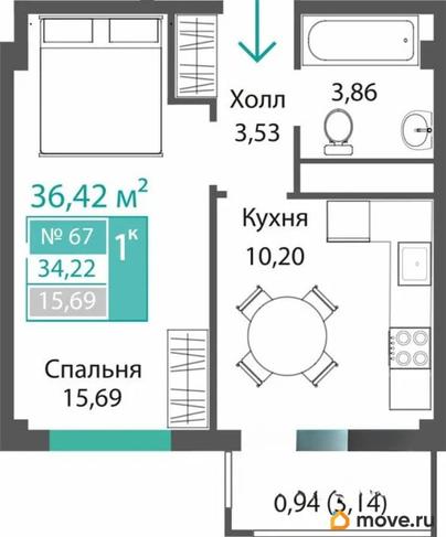 1-комн. квартира, 34.22 м&sup2;