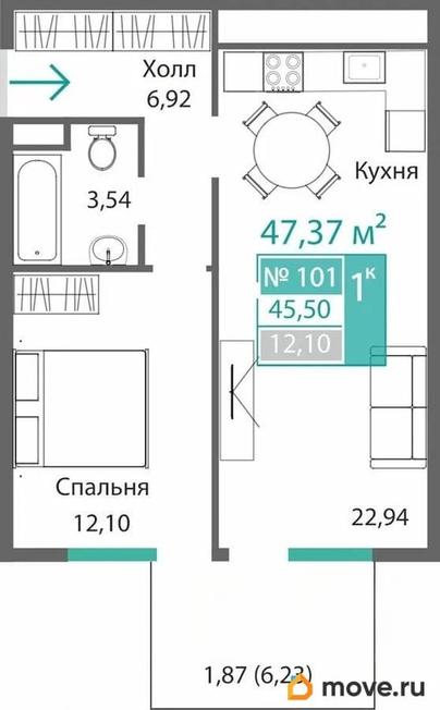 1-комн. квартира, 47.37 м&sup2;