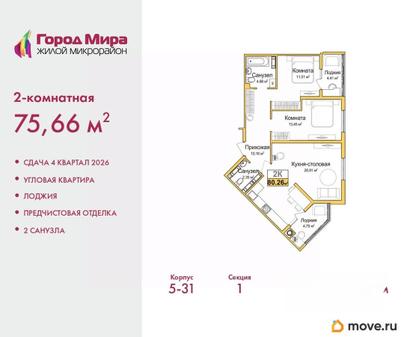 2-комн. квартира, 75.66 м&sup2;
