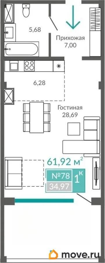 1-комн. апартаменты, 61.92 м&sup2;