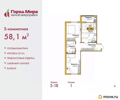 2-комн. квартира, 58.1 м&sup2;