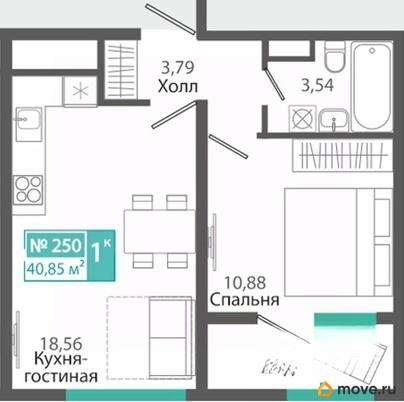 1-комн. квартира, 40.85 м&sup2;