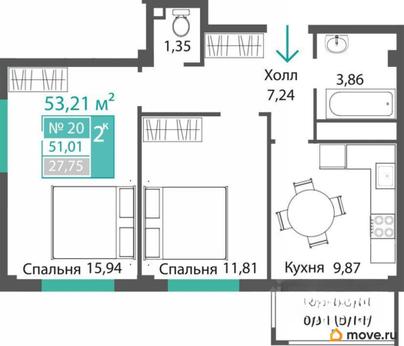 2-комн. квартира, 51.01 м&sup2;