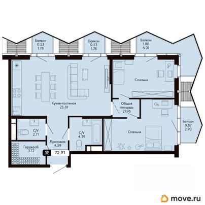 3-комн. квартира, 72.91 м&sup2;