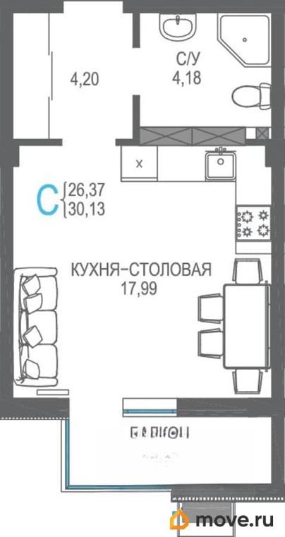 студия, 29.6 м&sup2;