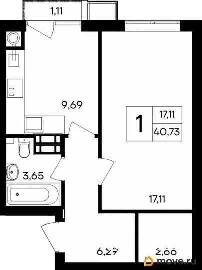 1-комн. квартира, 40.73 м&sup2;