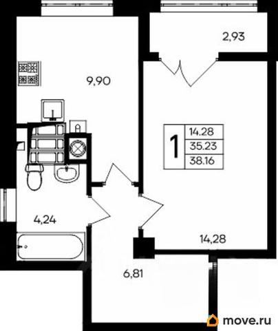 1-комн. квартира, 38.45 м&sup2;