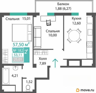 2-комн. квартира, 53.11 м&sup2;