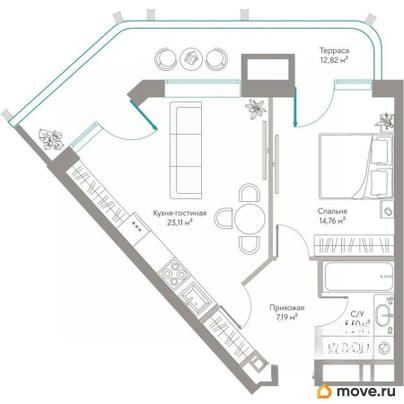 1-комн. апартаменты, 63.38 м&sup2;