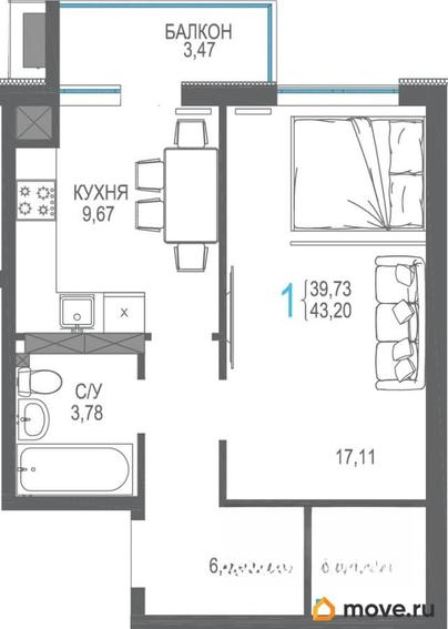 1-комн. квартира, 43.24 м&sup2;