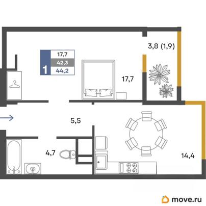 1-комн. квартира, 44.2 м&sup2;